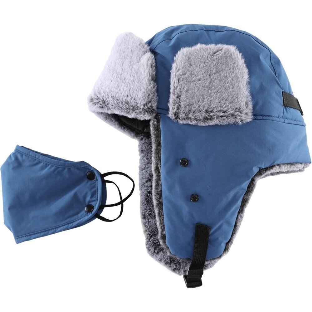 Men Blue Trapper Hat with Face Mask Faux Fur Winter Trooper Hunting Hat - Picture 4 of 9